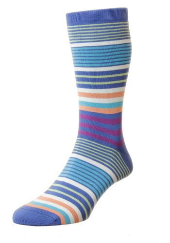 Miyako - Multi Stripe Ultramarine Sea Island Cotton Men's Sock [Small]