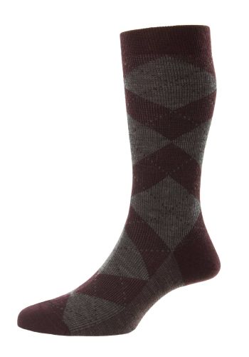 Abdale Argyle Merino Wool Men's Socks - Maroon/Mid Grey - Small