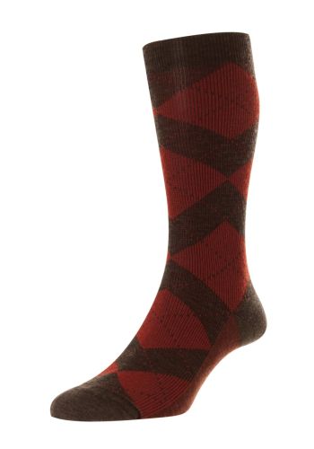 Abdale Argyle Merino Wool Men's Socks - Dark Brown Mix/Red - Small