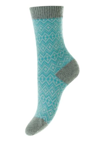 Aster - Fair Isle with Contrast Top, Heel &amp; Toe Bright Aqua Cashmere Women's Luxury Socks
